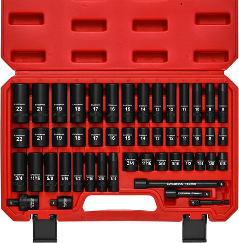 CASOMAN 3/8" Drive Impact Socket Set, 49 Piece Standard SAE and Metric