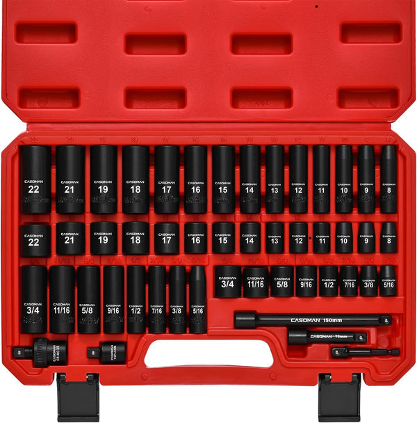 CASOMAN 3/8" Drive Impact Socket Set, 49 Piece Standard SAE and Metric