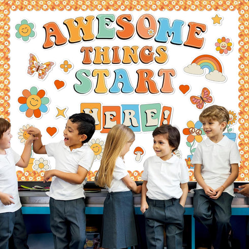 gisgfim Classroom Bulletin Board Decoration Set with Welcome Banner and Groovy Hippie Decor for Schools