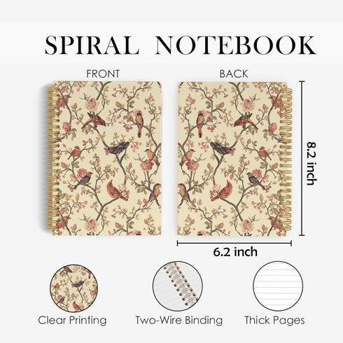 Bird Flower Spiral Notebook, Floral Journal with 164 Pages, 5.5"x8.3" College Ruled for Office School Supplies