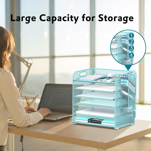 SUPEASY 6 Tier Paper Organizer with 4 Pen Holders, Mesh Desk Organizer Letter Tray with Handle, Blue