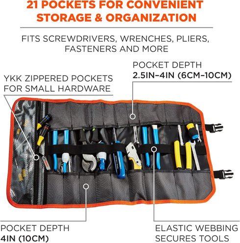 Ergodyne Arsenal 5871 Tool Roll-Up Pouch, 21-Pockets, Black Polyester, Tall