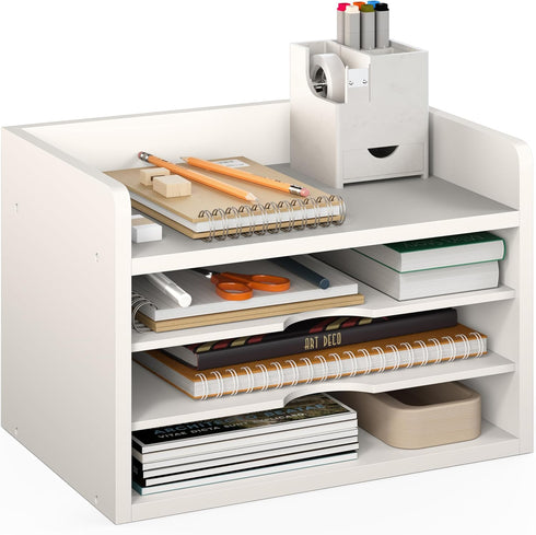Ballucci 4-Tier File Organizer, Open Top Wood Paper Organizer for Classroom, Desktop Mail Sorter, White