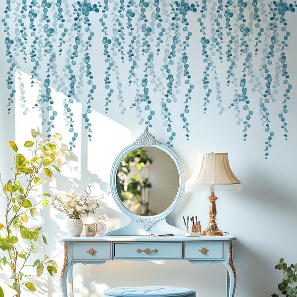 Blue Hanging String of Pearls Succulents Vine Wall Decals Peel and Stick,