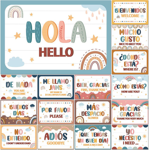 gisgfim 16 Pcs Spanish Words and Phrases Poster Set, Bulletin Board Study Spanish Classroom Decoration