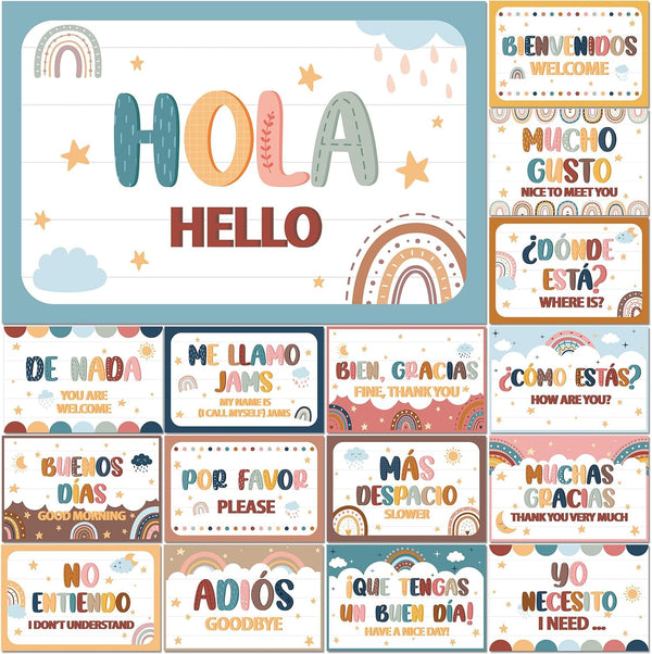gisgfim 16 Pcs Spanish Words and Phrases Poster Set, Bulletin Board Study Spanish Classroom Decoration