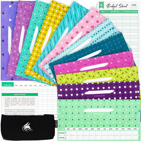Clever Fox Cash Envelopes for Budgeting System - Tear and Water Resistant, Includes Carry Pouch & 12 Budget Sheets