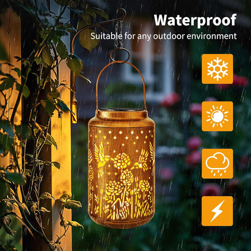 Hummingbird 2 Pack Brizled Solar Lantern Lights, LED Hollow Out Hanging Lantern Lights Outdoor, Warm White Solar Garden