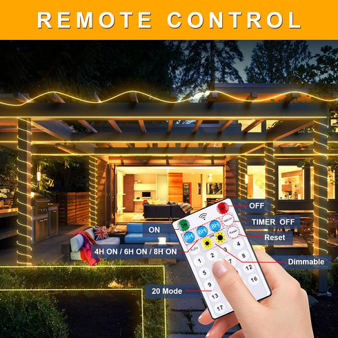50ft 600 20 Dimmable IP68 OMIKA LEDs Solar Rope Lights, USB Charging, Lighting Modes, Timer Remote Control, Waterproof