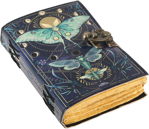 TUZECH Book of Spells Leather Bound Journal, Luna Moths, Deckle Edge Paper, Antique Vintage Notebook