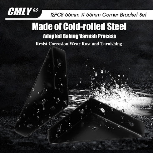 CMLY 12Pcs 66 66mm Corner Brace Brackets, x Black Corner Braces for Wood, Universal Furniture Corner Connector