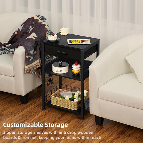 Lerliuo Pure Black Printer Table - 3 Tier Industrial Wood Stand with Fabric Drawer, Modern Tall End Table