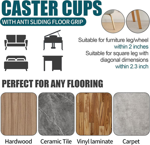 2 x 2 Rubber Caster Cups - Round Non Slip Furniture Pads, Anti-Slip Gripper Floor Protector for Bed Couch (8 Pack)