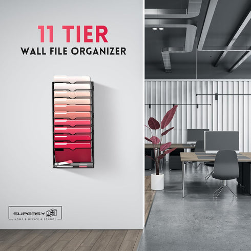 SUPEASY 11-Tier Hanging Wall File Organizer, Black Mesh Office Mail Holder for Papers, Folders, Files, Magazine Rack