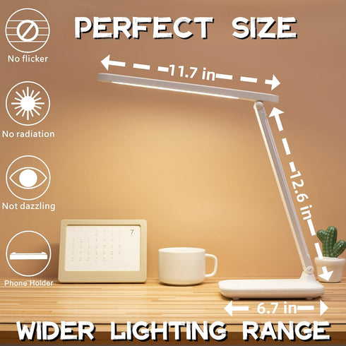 Dimmable LED Desk Lamp with USB Charger, 3 Lighting Modes, Eye Protection, Desk Accessories for Home Office Gift
