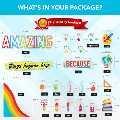 Decorably 49 Pcs Bulletin Board Decorations for Elementary - Amazing Things Happen Here with Borders