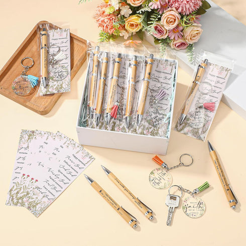 Christian Church Gifts Bulk Bible Verse Bamboo Pens, Floral Keychain, Inspirational Bookmark for Women