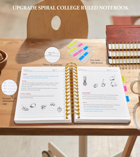Lined Spiral Notebook Journal, 300 Pages A5 College Ruled Leather Notebooks for Women Men, 100 GSM Thick Paper