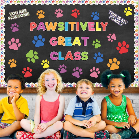 Paw Prints Bulletin Board Set - Dog Paw Print Classroom Decorations, Mini Cutouts for School Party Decor