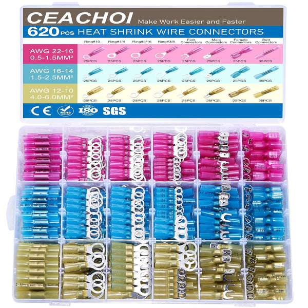620PCS Heat Shrink Wire Connectors Kit, CEACHOI Marine Grade Waterproof Terminals, Butt Connectors, Spade Forks