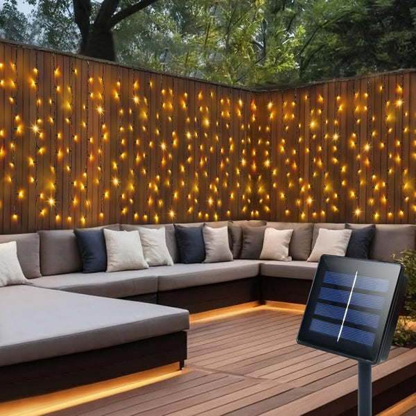 DBFAIRY Solar Curtain Lights, 13Ft x 3.3Ft 200 LED Outdoor Curtain Lights