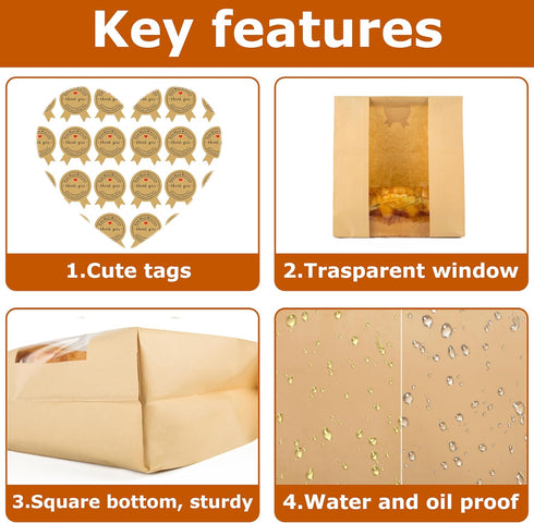 30 Pcs Bread Bags for Homemade Bread with Window, Sourdough Paper Bags (13.7x8.2x3.7 in), Includes 30 Cute Sealing