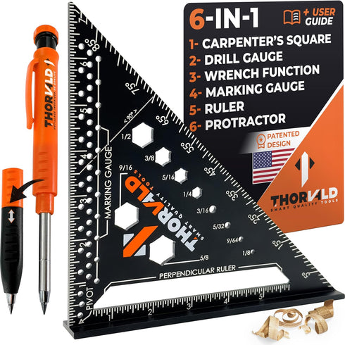 THORVALD 6-in-1 Carpenter Square, 7 inch Multi-Purpose Tools: Wrench, Square, Protractor, Ruler, Marking Gauge