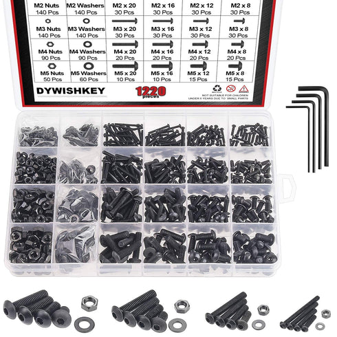 1220 Pieces M2 M3 M4 M5, 10.9 Grade Alloy Steel Hex Button Head Cap Bolts Screws Nuts Washers Assortment
