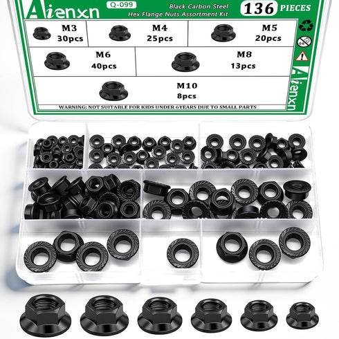 Aienxn 136PCS 6 Metric Sizes Black Carbon Steel Hex Flange Nuts Assortment Kit