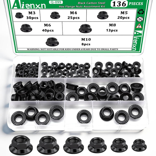 Aienxn 136PCS 6 Metric Sizes Black Carbon Steel Hex Flange Nuts Assortment Kit