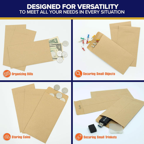 Decorably 100 Pack Kraft Small Money Envelopes, 3.5 x 6.5, Brown Small Coin Envelopes for Cash