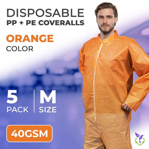 5 Pack, 40 AMZ Medical Supply Disposable Coveralls Medium, Orange, Lightweight GSM PP+PE, Front Zipper, Open Wrists