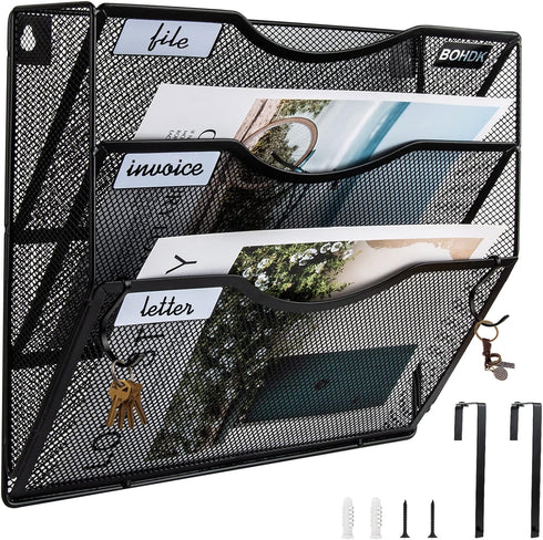 Wall File Organizer, 3 Tier Vertical Mesh Metal Hanging File Holder for Paper Document & Magazine Rack, Black