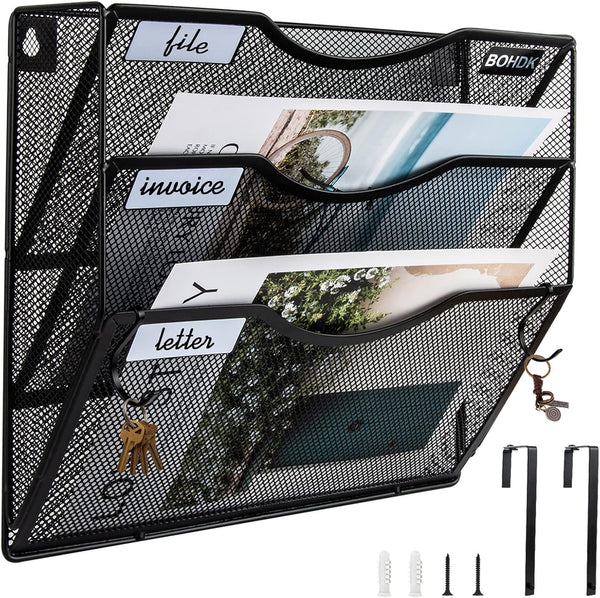 Wall File Organizer, 3 Tier Vertical Mesh Metal Hanging File Holder for Paper Document & Magazine Rack, Black