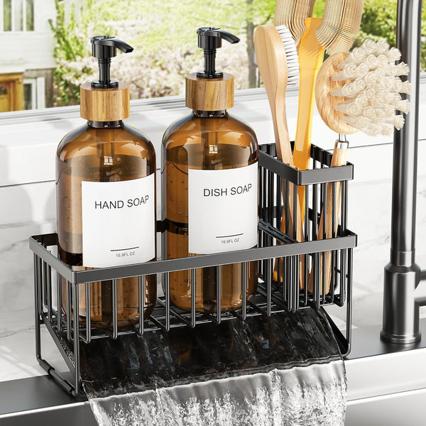 Cisily Kitchen Dish Soap Dispenser Set with 2 Pack 16.9oz Amber Glass
