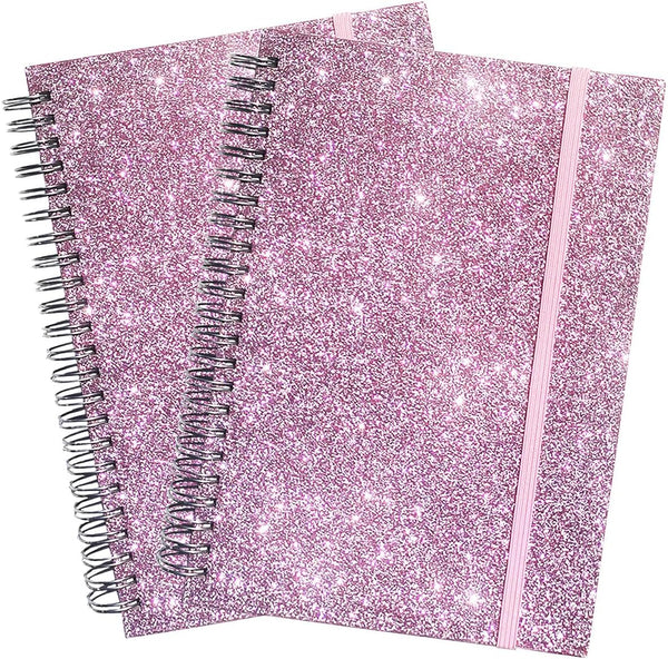 Glittery Pink Spiral Notebook, 2Pack Hardcover Journals for Note Taking, 180 Pages, 8.2” x 6”, Thick Paper