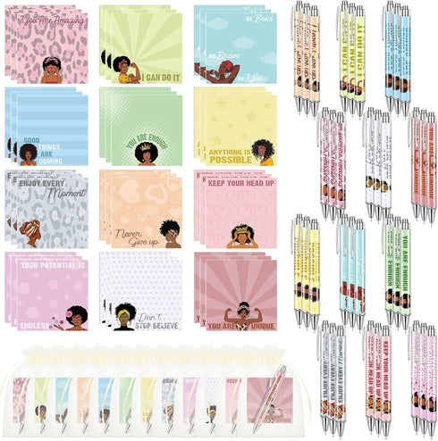 Yeaqee 72 Pcs Black Girl Sticky Notes with Motivational Pens, Inspirational Gifts Set for Women and Girls