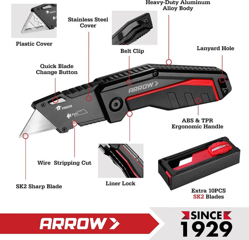 10 SK2 ARROW Folding Utility Knife, Quick-Change Box Cutter with Belt Clip, Liner Lock, Heavy Duty Aluminum Razor Knife
