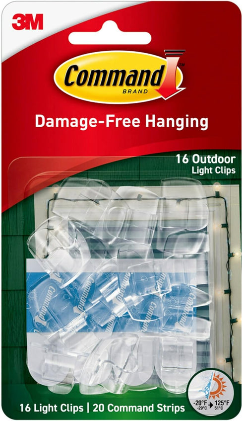 Command Outdoor Light Clips, 16 clips, 20 strips, Water-Resistant Adhesive (17017CLR-AWES), Clear
