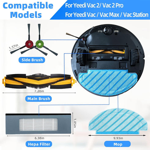Spare Accessories for Yeedi Vac/Vac Station/Vac Max/Vac 2 Pro Robotic Vacuum Cleaner Replacement Parts Kit, Main Roller Brush Side Brush Hepa Filter Mop Pad Disposable mopping Pad Dust Bag