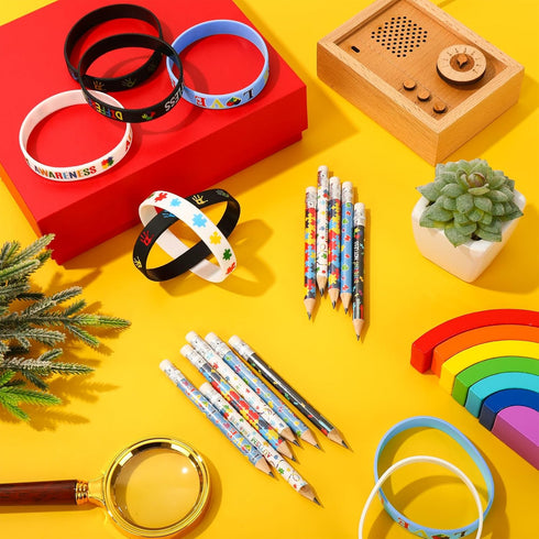 Whaline 24 Pack Autism Awareness Pencils and Bracelets Sets, Inspirational Silicone Wristbands, Colorful Half Pencils