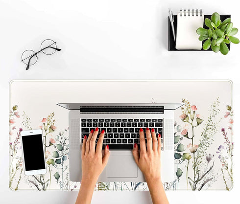 Floral Beige Boho Desk Mat, Large Extend Mouse Pad XXL, Cute Minimalist Flowers Keyboard Mat, Gift for Women