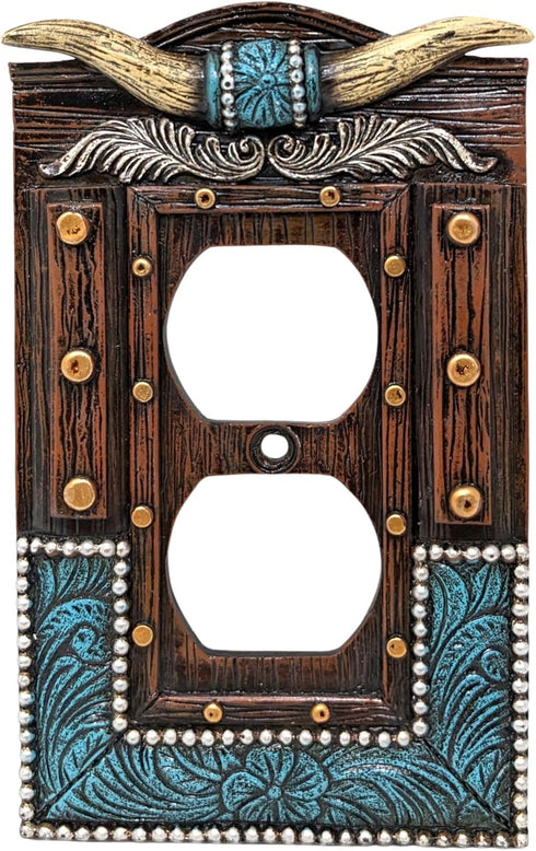 BestGiftEver American Western Home Decor Outlet Cover, Faux Horns and Tooled Leather-inspired Double Plate