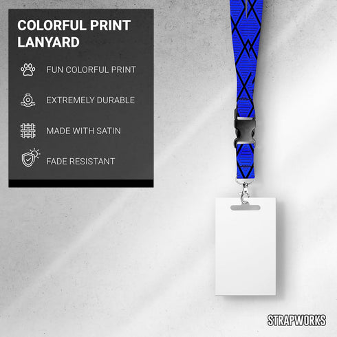 Print Lanyard, Satin Keychain Necklace with Side Release Buckle and Snap, ID Badge Holder, 1 Inch, Tiki Black Blue