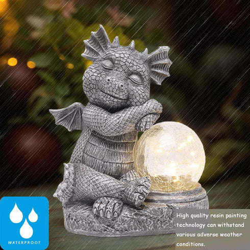 Garden Outdoor Dragon Statue Holding Solar Magic Orb LED Light Resin Adorable Baby Dragon Figurines for Patio Balcony