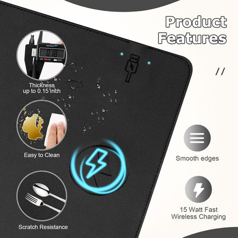 Firelison 2 1 12" 10"Black Wireless Charging Mouse Pad in Leather Multifunctional Office Desk Pad with Non-Slip Rubber
