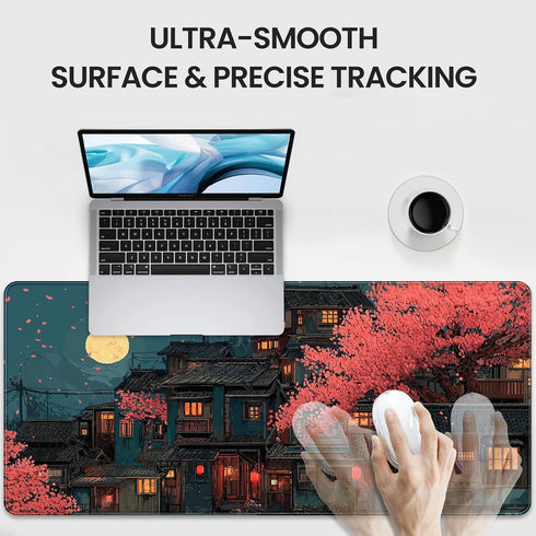YUANSM 35.4 15.7 Inch Japanese Anime Cherry Blossom Night Scene Mouse Pad, XXL Extended x Desk Mat, Non-Slip Rubber