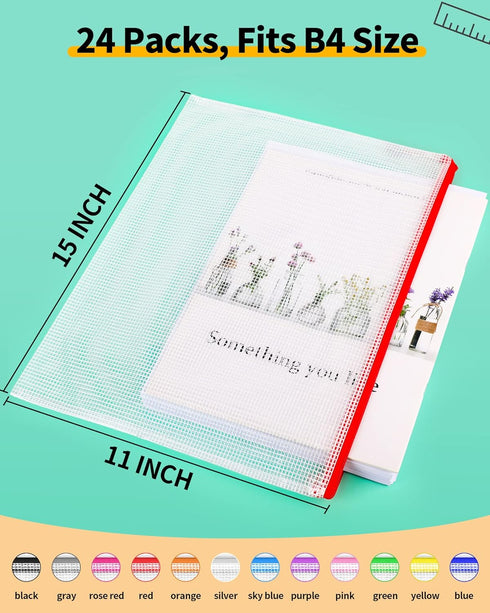 Smarpau B4 Mesh Zipper Pouch, 24 Pack 12 Colors, 15" x 11" Waterproof Zipper Bags for Organizing Office Supplies