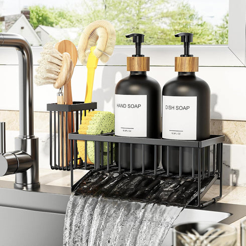 Set 2 Pack 16.9oz Set Cisily Kitchen Dish Soap Dispenser with Black Glass Bottle and Sponge Holder, Dish Soap