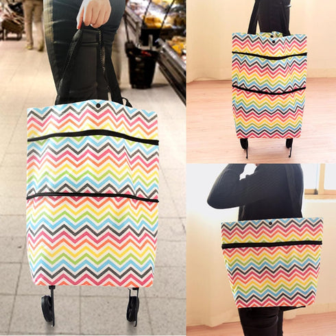 Foldable Shopping Cart, Portable Collapsible Shopping Bag with Wheels Rolling Shopping Bag Trolley Tote Bag Stair